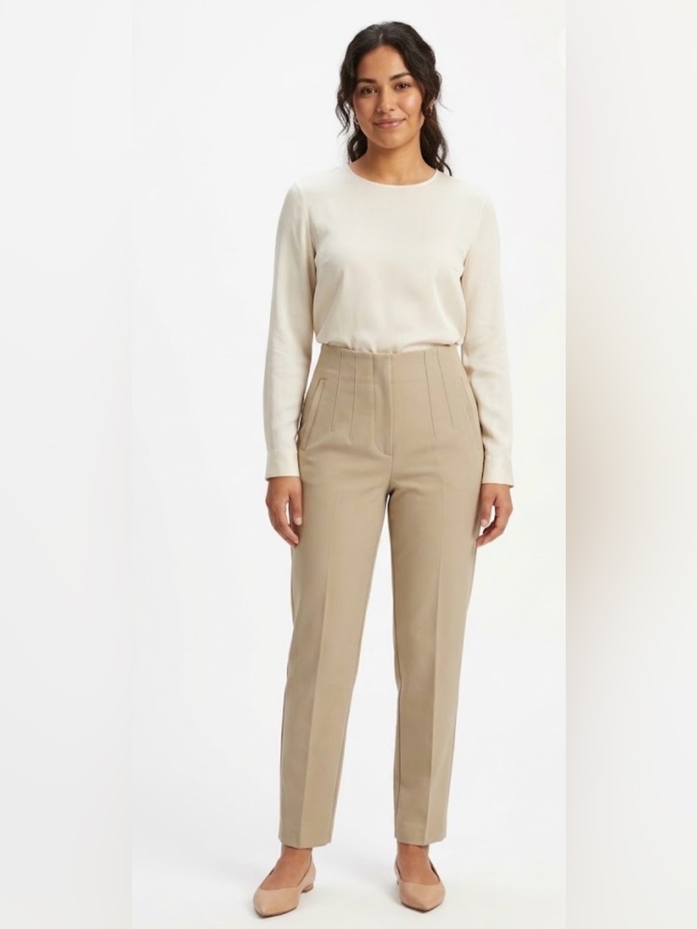 Zara High-Rise Tailored Straight-Leg Trousers in Light Beige